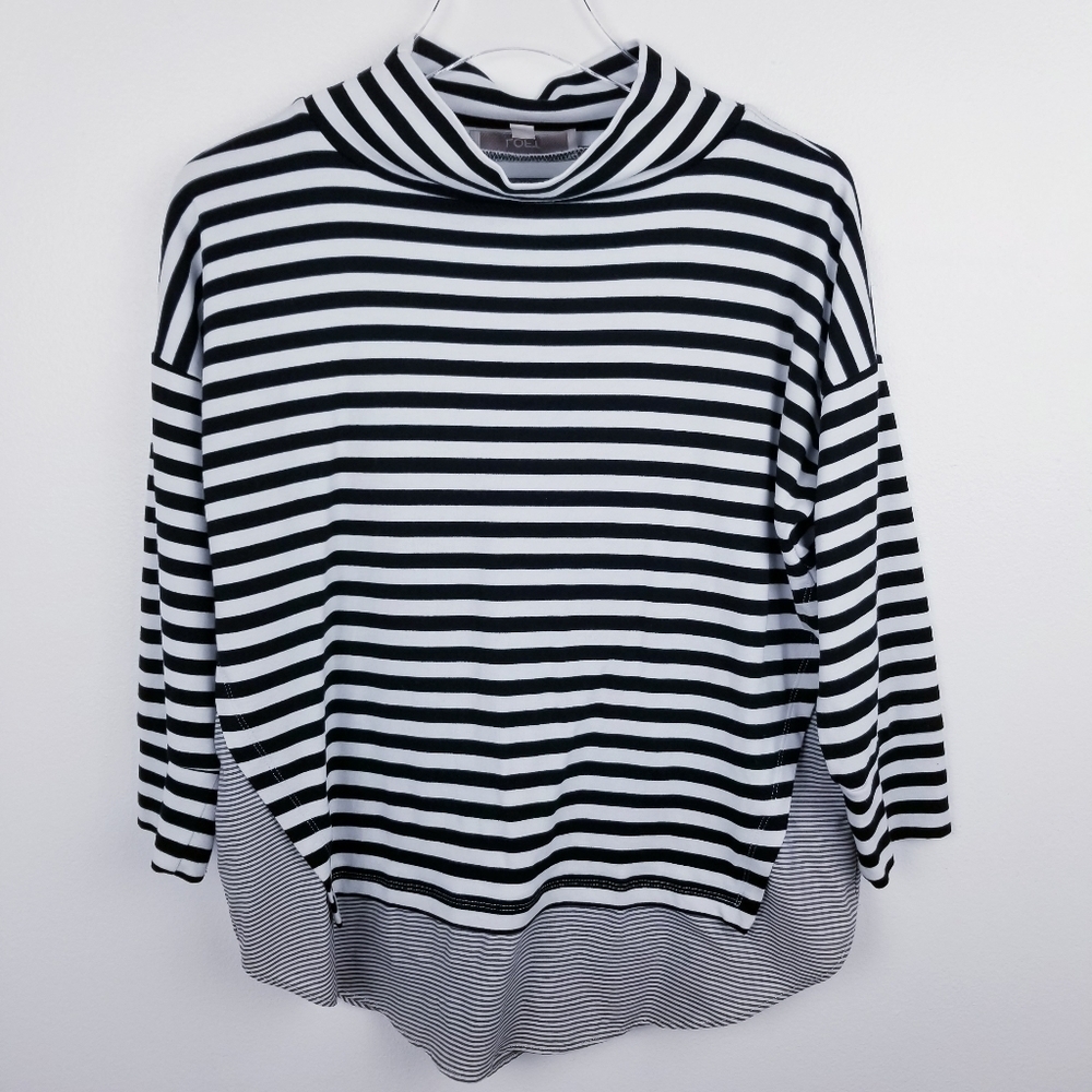 Loft Black & White Striped Mock Neck Top